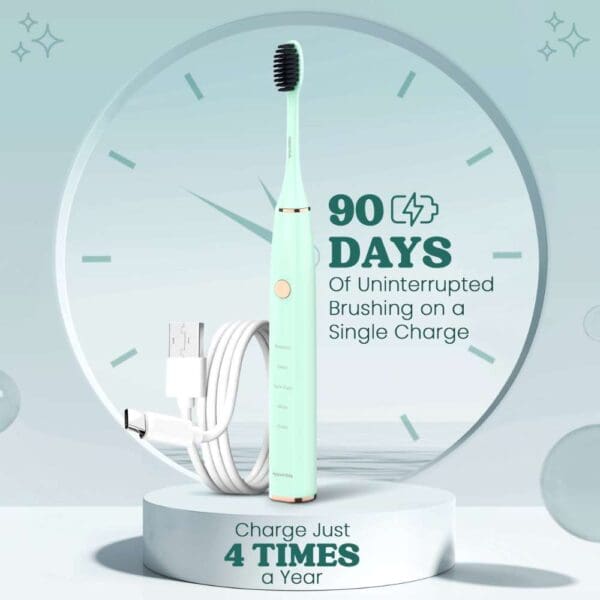 A green toothbrush sitting on top of a clock.