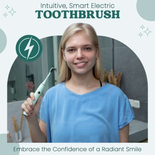 A woman holding an electric toothbrush in her hand.