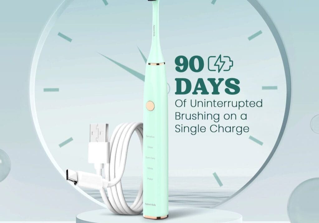 A green toothbrush sitting on top of a clock.